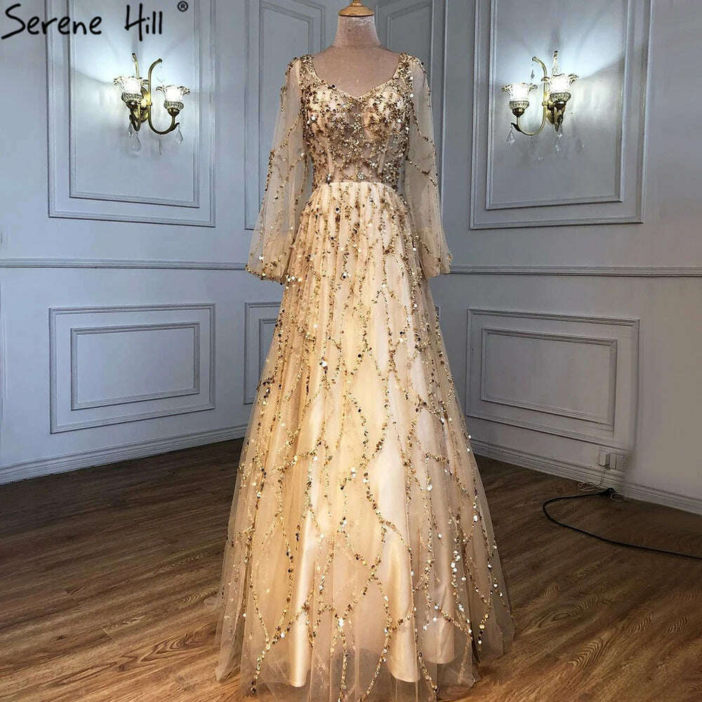 KIMLUD, Muslim Gold Puff Sleeves Luxury Evening Dresses Gowns 2023 A-Line Beading Sexy Formal Woman Party BLA71049 Serene Hill, gold / 14, KIMLUD APPAREL - Womens Clothes