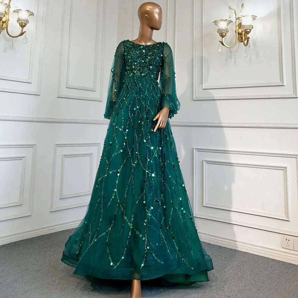 KIMLUD, Muslim Gold Puff Sleeves Luxury Evening Dresses Gowns 2023 A-Line Beading Sexy Formal Woman Party BLA71049 Serene Hill, green o-neck / 12, KIMLUD APPAREL - Womens Clothes