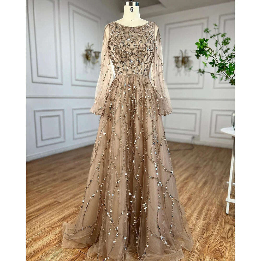 KIMLUD, Muslim Gold Puff Sleeves Luxury Evening Dresses Gowns 2023 A-Line Beading Sexy Formal Woman Party BLA71049 Serene Hill, caramel o-neck / 10, KIMLUD APPAREL - Womens Clothes