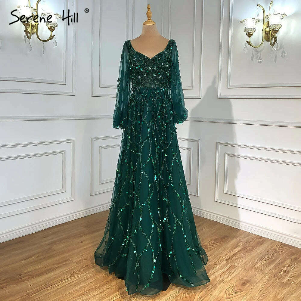 KIMLUD, Muslim Gold Puff Sleeves Luxury Evening Dresses Gowns 2023 A-Line Beading Sexy Formal Woman Party BLA71049 Serene Hill, green / 6, KIMLUD APPAREL - Womens Clothes