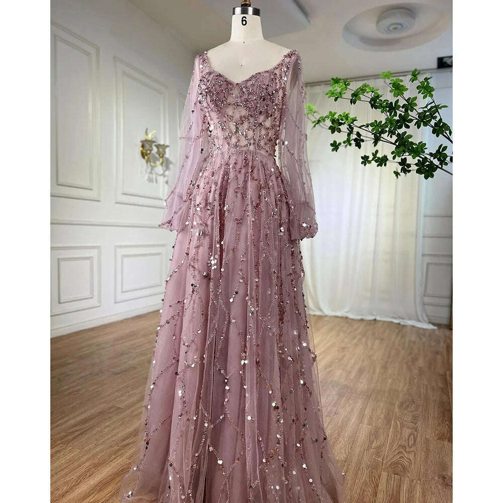 KIMLUD, Muslim Gold Puff Sleeves Luxury Evening Dresses Gowns 2023 A-Line Beading Sexy Formal Woman Party BLA71049 Serene Hill, Pink / 16, KIMLUD APPAREL - Womens Clothes