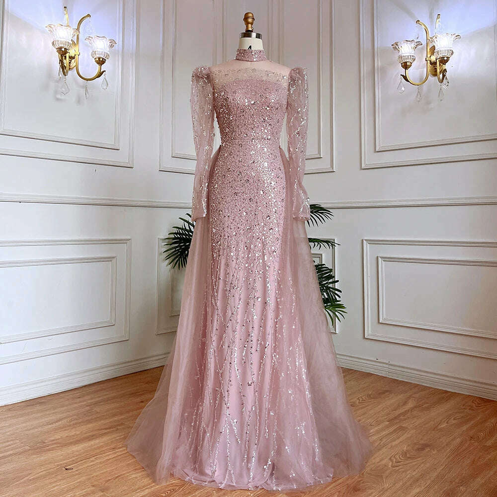 KIMLUD, Muslim Pink Long Sleeve High Neck Luxury Sequine Mermaid Evening Dresses Gowns 2023 Elegant For Women Party BLA71721 Serene Hill, pink / 14, KIMLUD Womens Clothes
