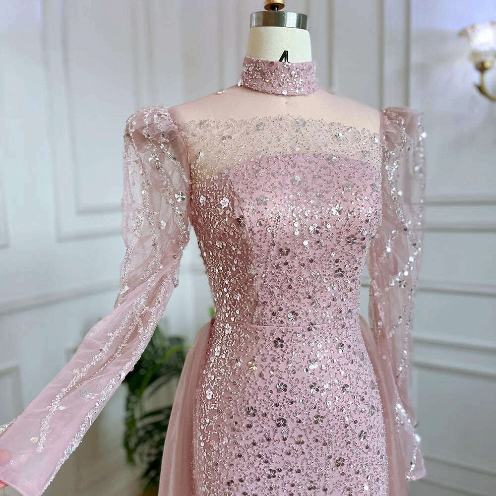 KIMLUD, Muslim Pink Long Sleeve High Neck Luxury Sequine Mermaid Evening Dresses Gowns 2023 Elegant For Women Party BLA71721 Serene Hill, KIMLUD Womens Clothes