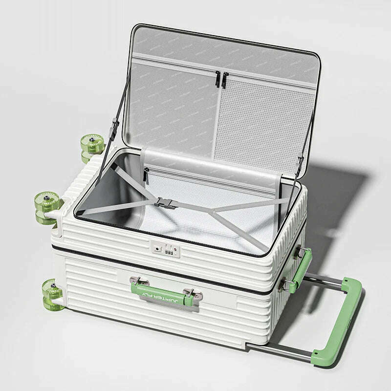 KIMLUD, MUXING Wide Trolley Luggage Front Opening Multi-Functional Women 20-Inch Small Lightweight Boarding Box 24-Inch Men's Suitcase, White Green / 20Inches 500mm, KIMLUD APPAREL - Womens Clothes