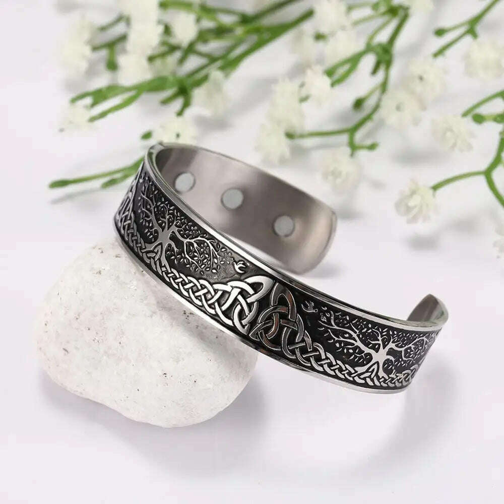 My Shape Viking Cuff Bangles Celtics Knots Tree of Life Stainless Steel Magnetic Bracelets Therapy Health Vintage Male Jewelry - KIMLUD