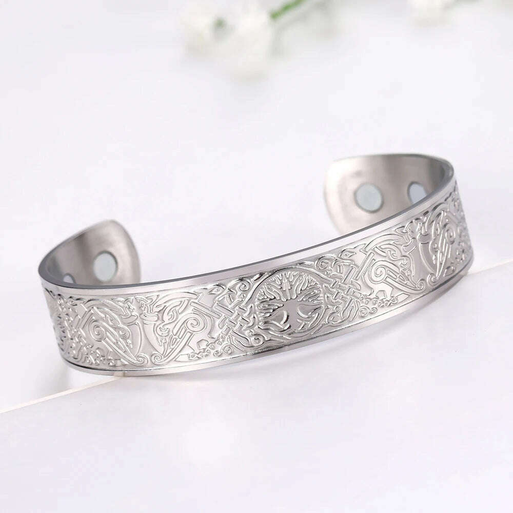 My Shape Viking Cuff Bangles Celtics Knots Tree of Life Stainless Steel Magnetic Bracelets Therapy Health Vintage Male Jewelry - KIMLUD