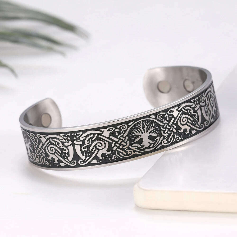 My Shape Viking Cuff Bangles Celtics Knots Tree of Life Stainless Steel Magnetic Bracelets Therapy Health Vintage Male Jewelry - KIMLUD