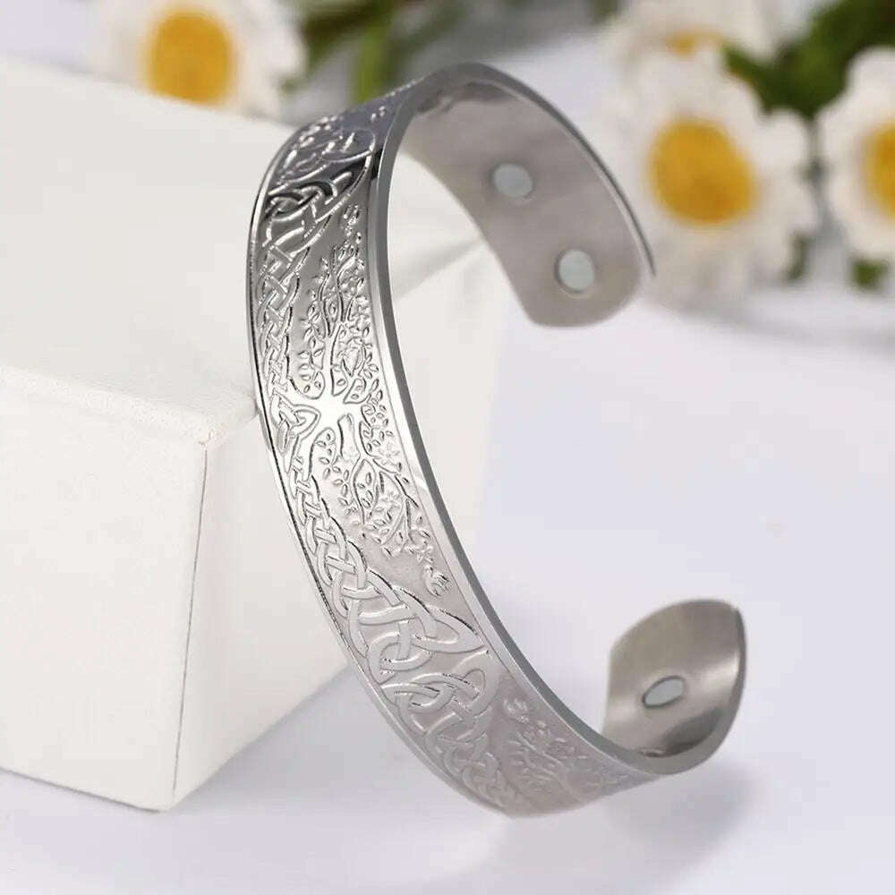 My Shape Viking Cuff Bangles Celtics Knots Tree of Life Stainless Steel Magnetic Bracelets Therapy Health Vintage Male Jewelry - KIMLUD