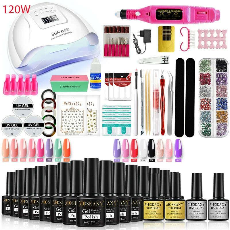 KIMLUD, Nail Polish Set With Extend Poly nail Gel Semi-permanent varnish and UV LED Lamp and Stainless Steel Nails Tool Kits, KIMLUD Womens Clothes