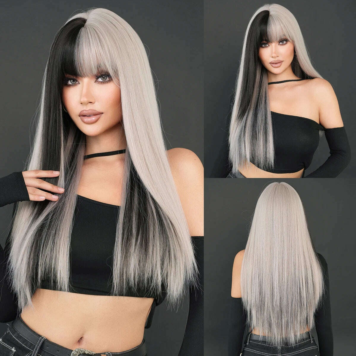 NAMM Long Body Straight Silver Ash Hair Wig With Bangs For Women Daily Party High Density Hair Ombre Wigs Heat Resistant Fiber - KIMLUD