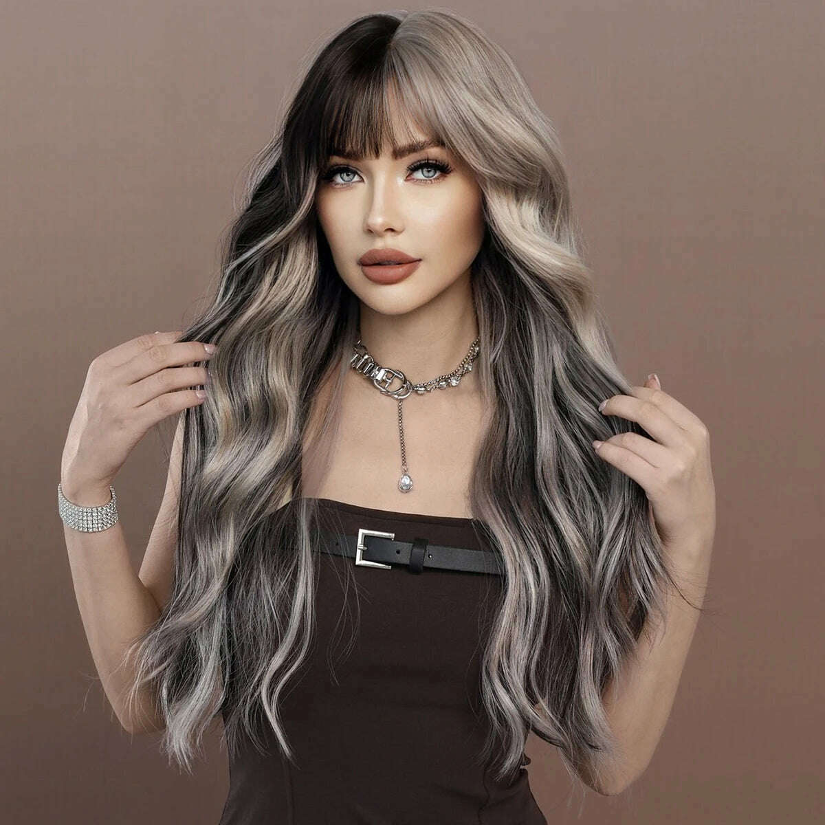 KIMLUD, NAMM Long Wave Wig With Silver Gray Gradient Women Popular Synthetic Wig for Daily Cosplay High Density Hair, KIMLUD Womens Clothes