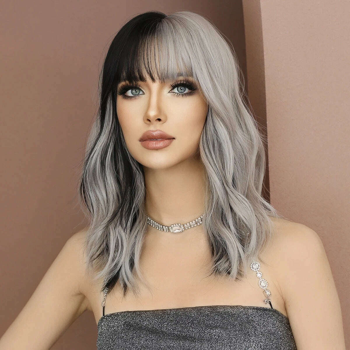 NAMM Silver black Wavy Wig for Woman Daily Party Cosplay Middle Part Natural Synthetic Hair Wig Heat Resistant Fiber - KIMLUD
