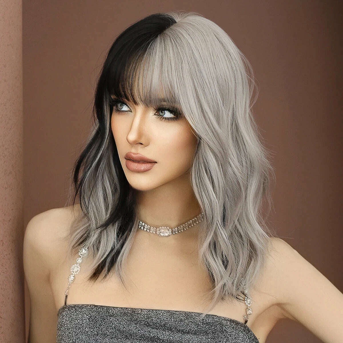 NAMM Silver black Wavy Wig for Woman Daily Party Cosplay Middle Part Natural Synthetic Hair Wig Heat Resistant Fiber - KIMLUD