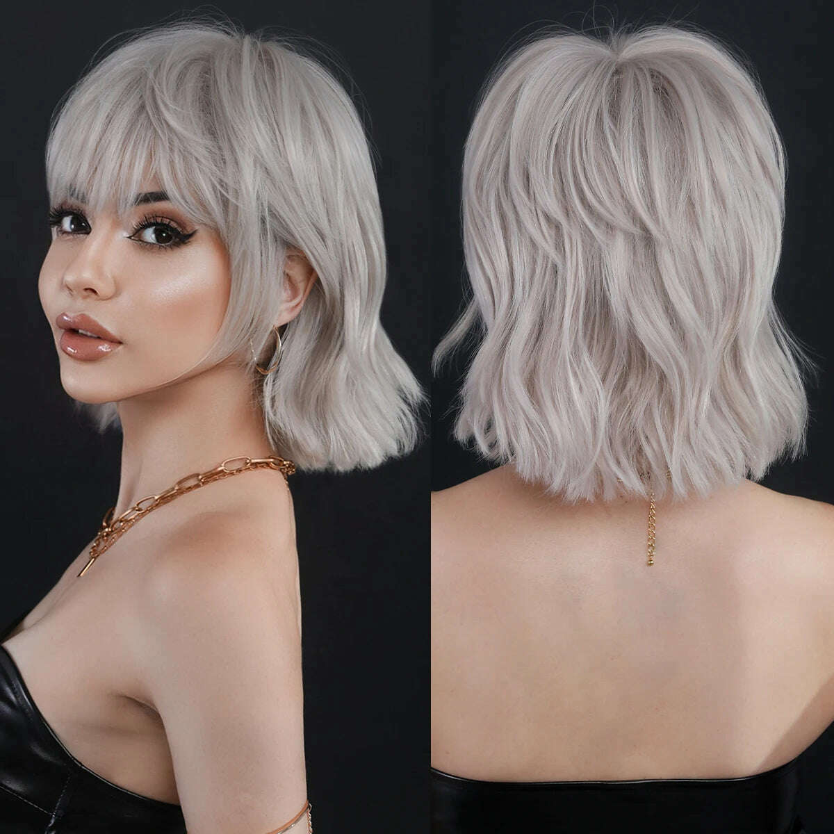 NAMM Silver black Wavy Wig for Woman Daily Party Cosplay Middle Part Natural Synthetic Hair Wig Heat Resistant Fiber - KIMLUD