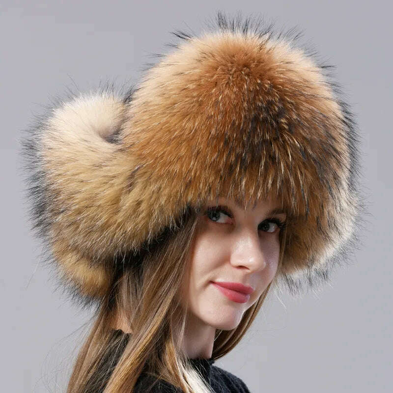 KIMLUD, Natural Fox Fur Russian Aviation Hat with Ears Ushanka Women Winter Warm Fluffy Stylish Female Tail Cap Fashion Real Fur Hats, KIMLUD Womens Clothes