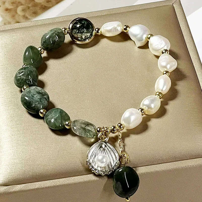 Natural Pearl Bracelet Green Crystal Original Design Women's Korean Bangles Student Friend Birthday Jewelry Handpiece - KIMLUD