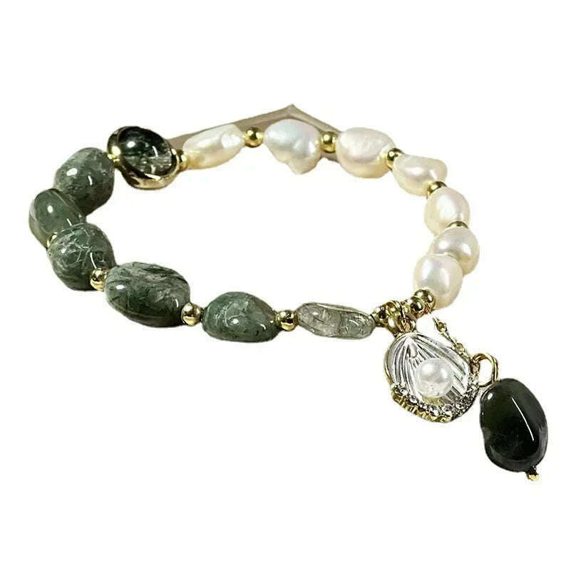 Natural Pearl Bracelet Green Crystal Original Design Women's Korean Bangles Student Friend Birthday Jewelry Handpiece - KIMLUD