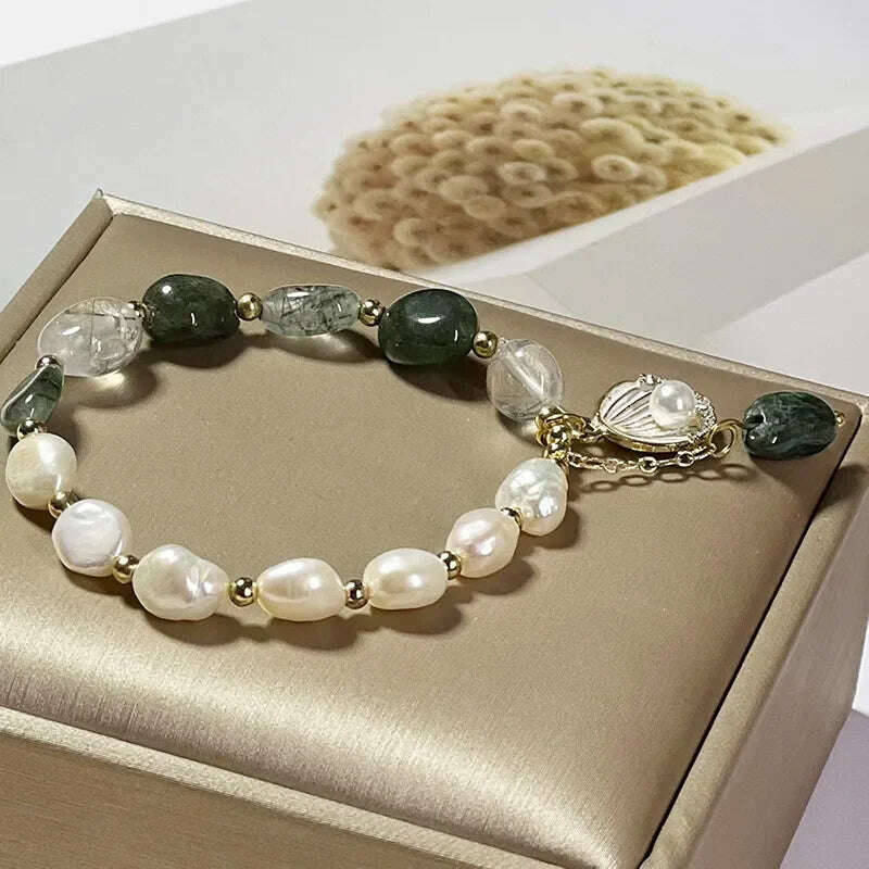 Natural Pearl Bracelet Green Crystal Original Design Women's Korean Bangles Student Friend Birthday Jewelry Handpiece - KIMLUD