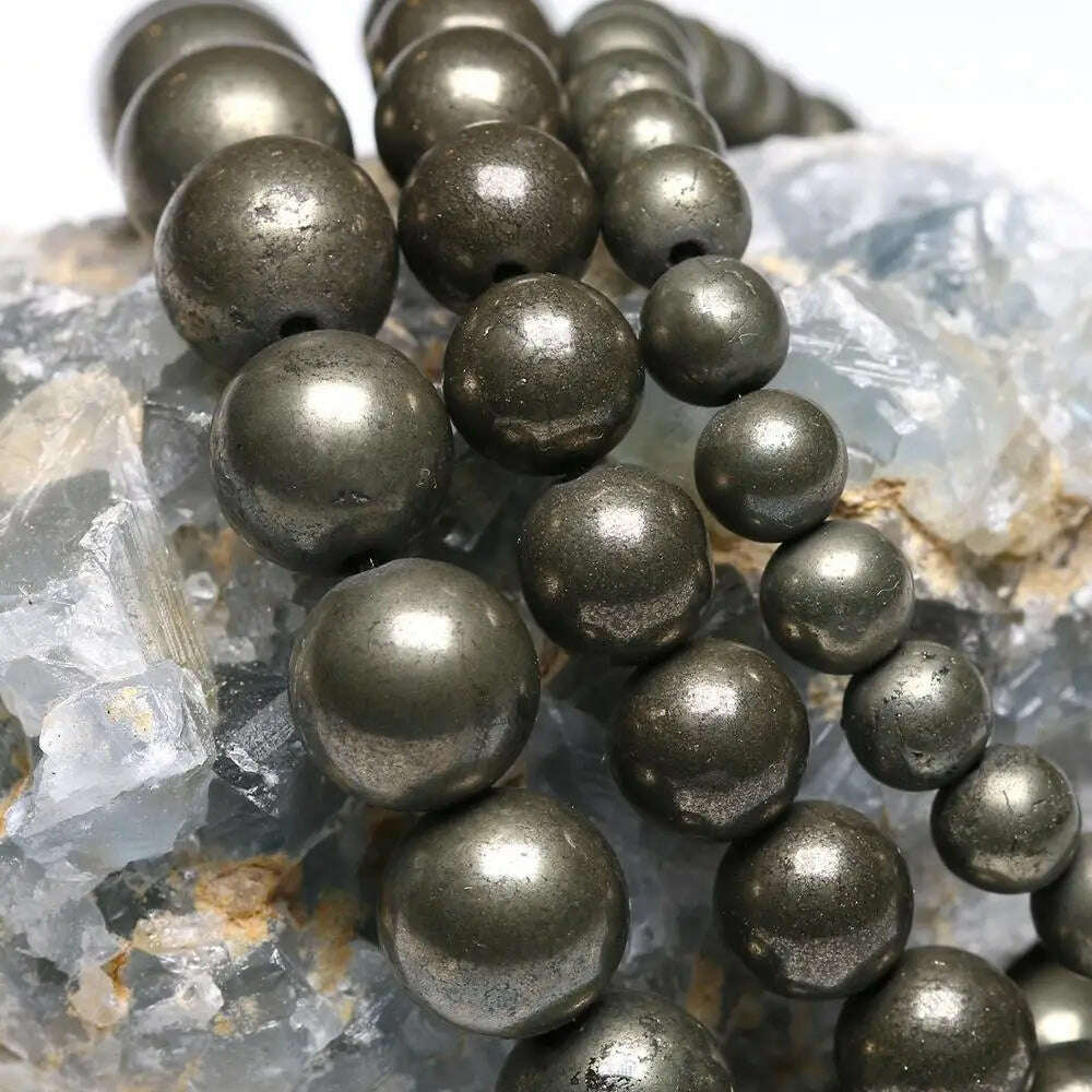 KIMLUD, Natural Pyrite 6 8 10mm Round Beads Elastic Line Stretch Beaded Bracelet Fashion Man Woman Genuine Gem Fine Jewelry, KIMLUD Womens Clothes