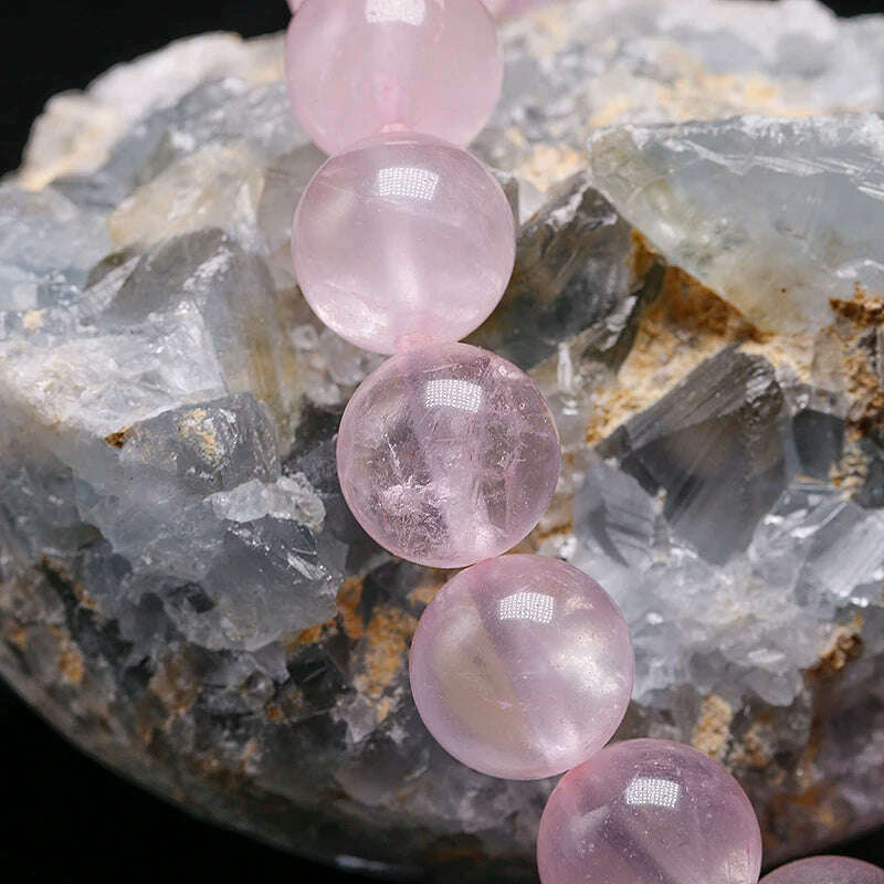 Natural Smooth Rose Quartz Energy Natural Stone Strench Bracelet Elastic Fine Jewelry Beads Lovers Women Handmade Gift - KIMLUD