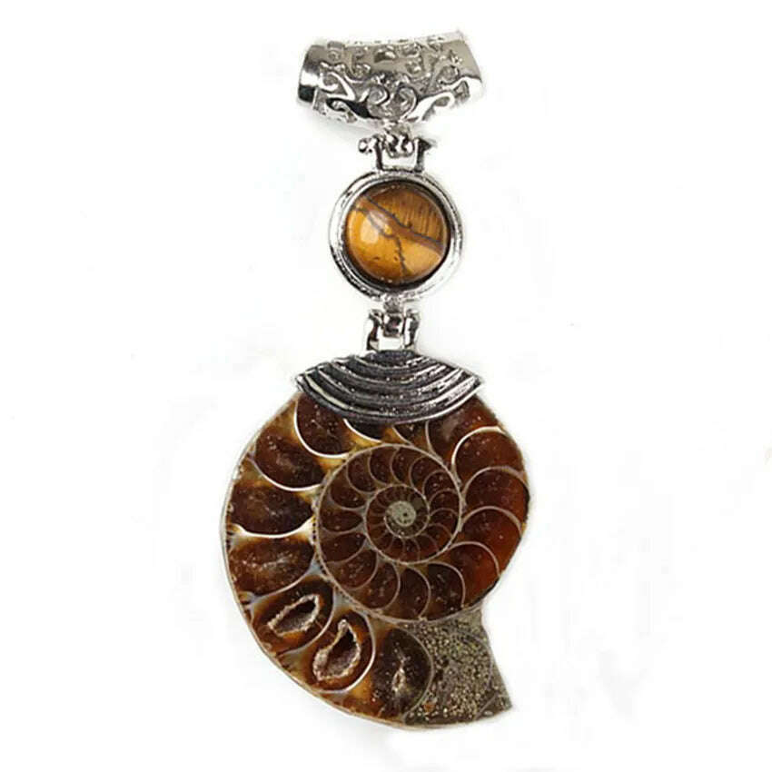 KIMLUD, Natural Spiral Ammonite Seashell Snail Ocean Reliquiae Conch Tiger Eye Stone Cabochon Beads Shell Pendant Jewelry For Women Men, Default Title, KIMLUD Womens Clothes