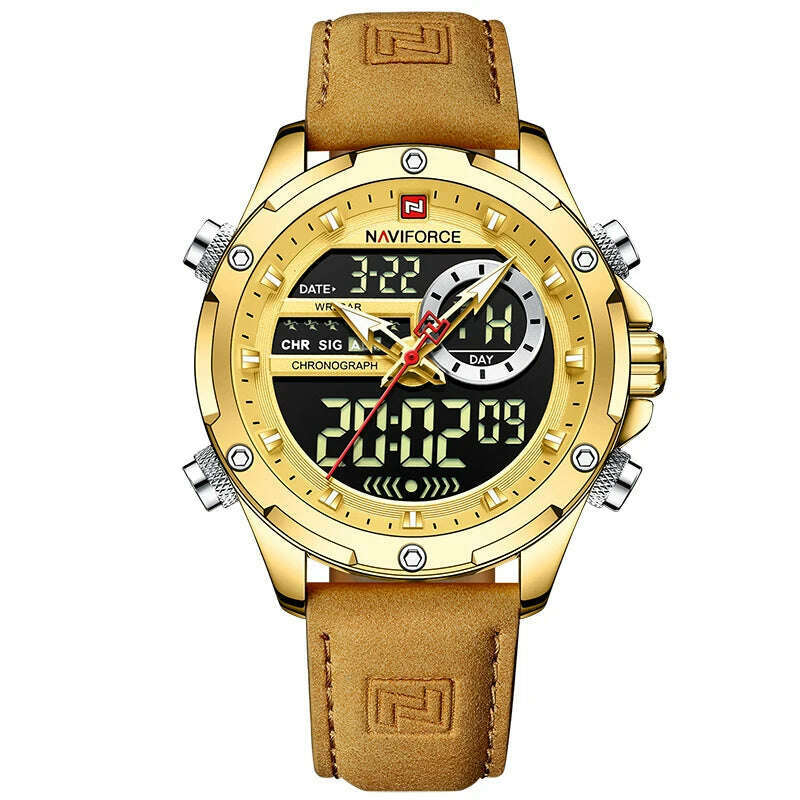KIMLUD, NAVIFORCE Military Watches for Men Fashion Sport Chronograph Alarm Wristwatch Waterproof Quartz Big Clock Digital Male Watch, Gold Gold, KIMLUD Womens Clothes