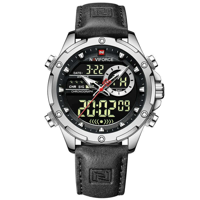 KIMLUD, NAVIFORCE Military Watches for Men Fashion Sport Chronograph Alarm Wristwatch Waterproof Quartz Big Clock Digital Male Watch, Silver Black, KIMLUD Womens Clothes