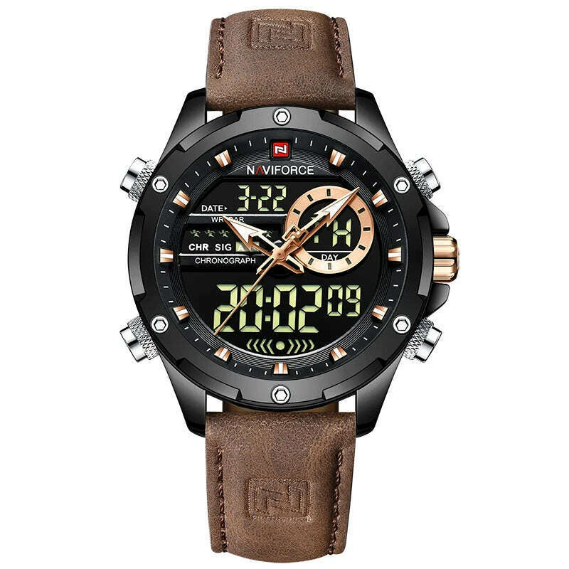 KIMLUD, NAVIFORCE Military Watches for Men Fashion Sport Chronograph Alarm Wristwatch Waterproof Quartz Big Clock Digital Male Watch, Brown Black, KIMLUD Womens Clothes