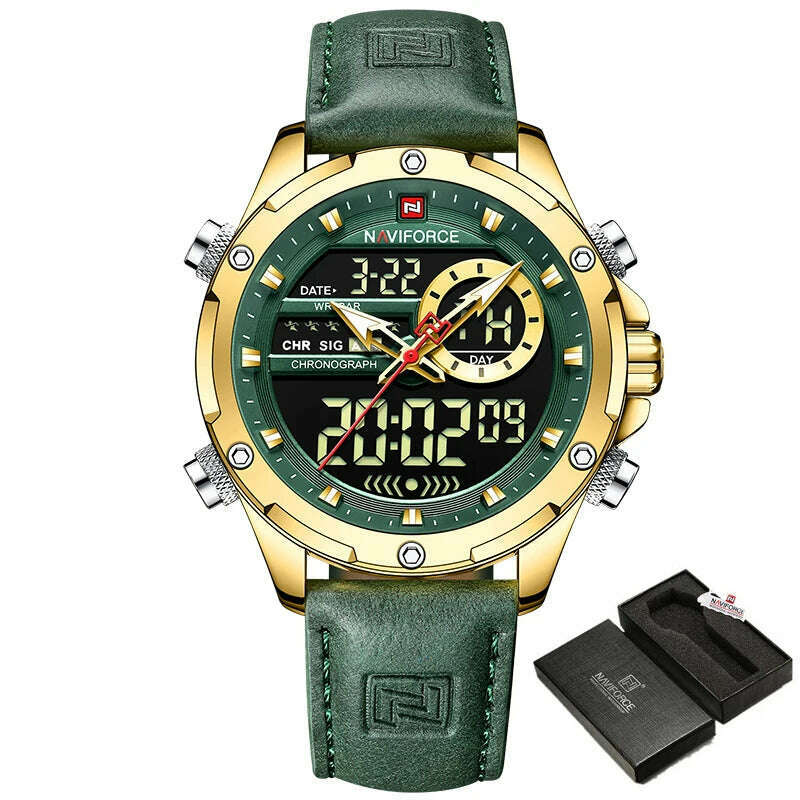 KIMLUD, NAVIFORCE Military Watches for Men Fashion Sport Chronograph Alarm Wristwatch Waterproof Quartz Big Clock Digital Male Watch, G GN With Box, KIMLUD Womens Clothes