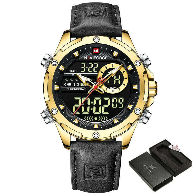 KIMLUD, NAVIFORCE Military Watches for Men Fashion Sport Chronograph Alarm Wristwatch Waterproof Quartz Big Clock Digital Male Watch, G B With Box, KIMLUD Womens Clothes