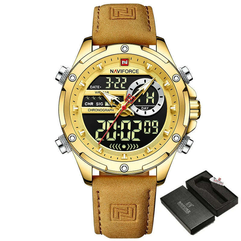 KIMLUD, NAVIFORCE Military Watches for Men Fashion Sport Chronograph Alarm Wristwatch Waterproof Quartz Big Clock Digital Male Watch, G G With Box, KIMLUD Womens Clothes