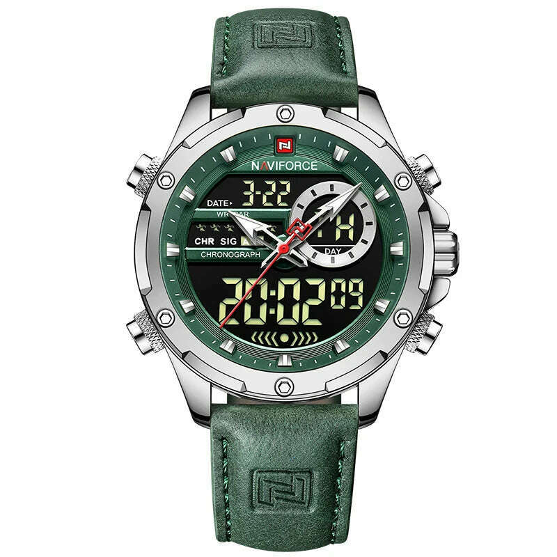 KIMLUD, NAVIFORCE Military Watches for Men Fashion Sport Chronograph Alarm Wristwatch Waterproof Quartz Big Clock Digital Male Watch, Silver Green, KIMLUD Womens Clothes