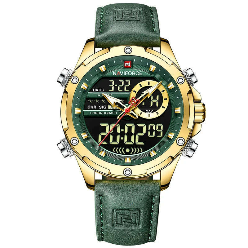 KIMLUD, NAVIFORCE Military Watches for Men Fashion Sport Chronograph Alarm Wristwatch Waterproof Quartz Big Clock Digital Male Watch, Gold Green, KIMLUD Womens Clothes