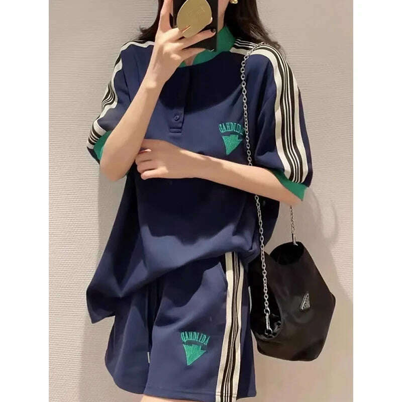 KIMLUD, Navy Loose Side Patch Streetwear Tracksuit Summer Shirts Shorts Pants Embroidery Two Piece Sets Womens Outifits Harajuku Casual, Navy Blue / XXL, KIMLUD APPAREL - Womens Clothes