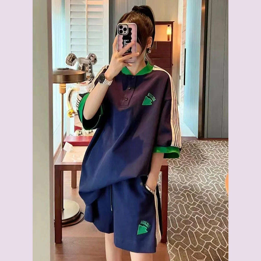 KIMLUD, Navy Loose Side Patch Streetwear Tracksuit Summer Shirts Shorts Pants Embroidery Two Piece Sets Womens Outifits Harajuku Casual, KIMLUD Womens Clothes