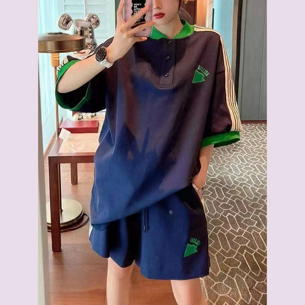 KIMLUD, Navy Loose Side Patch Streetwear Tracksuit Summer Shirts Shorts Pants Embroidery Two Piece Sets Womens Outifits Harajuku Casual, KIMLUD Womens Clothes