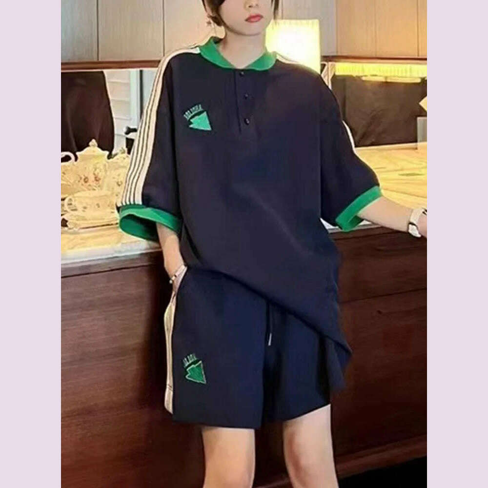 KIMLUD, Navy Loose Side Patch Streetwear Tracksuit Summer Shirts Shorts Pants Embroidery Two Piece Sets Womens Outifits Harajuku Casual, KIMLUD Womens Clothes