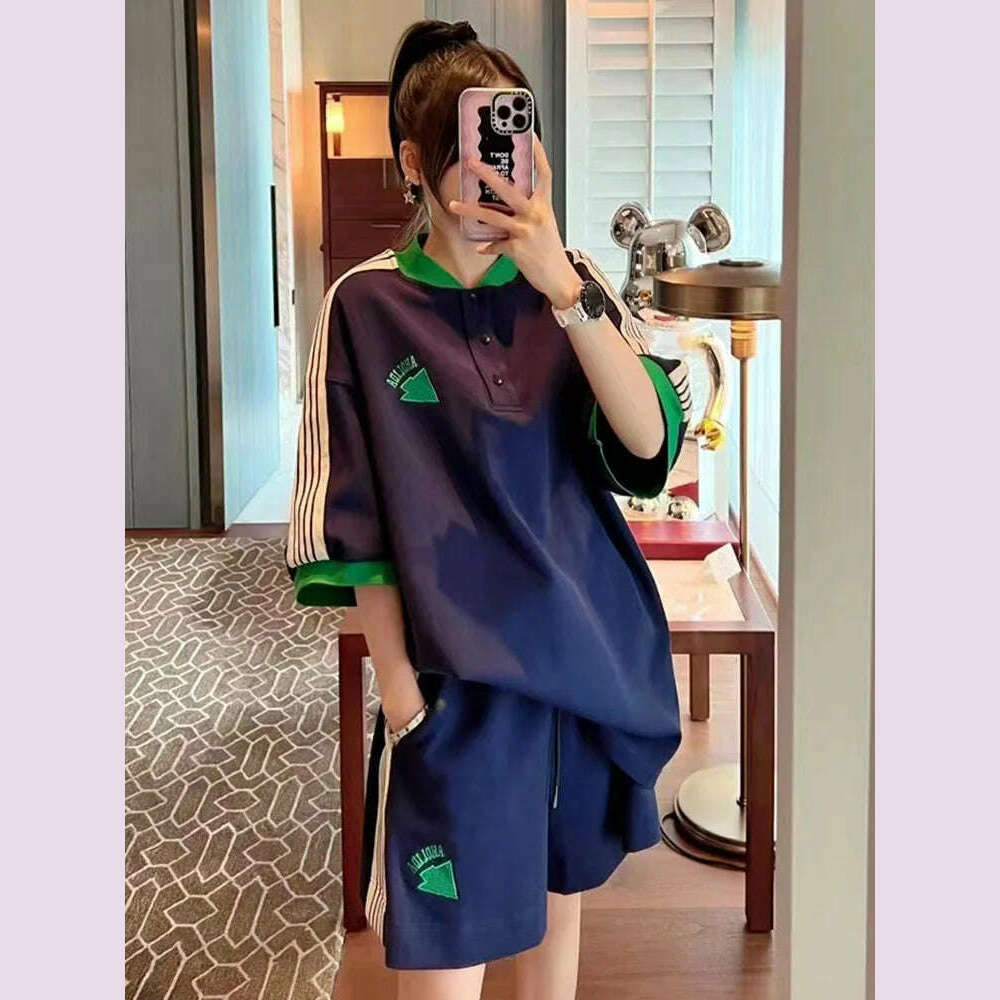 KIMLUD, Navy Loose Side Patch Streetwear Tracksuit Summer Shirts Shorts Pants Embroidery Two Piece Sets Womens Outifits Harajuku Casual, KIMLUD Womens Clothes