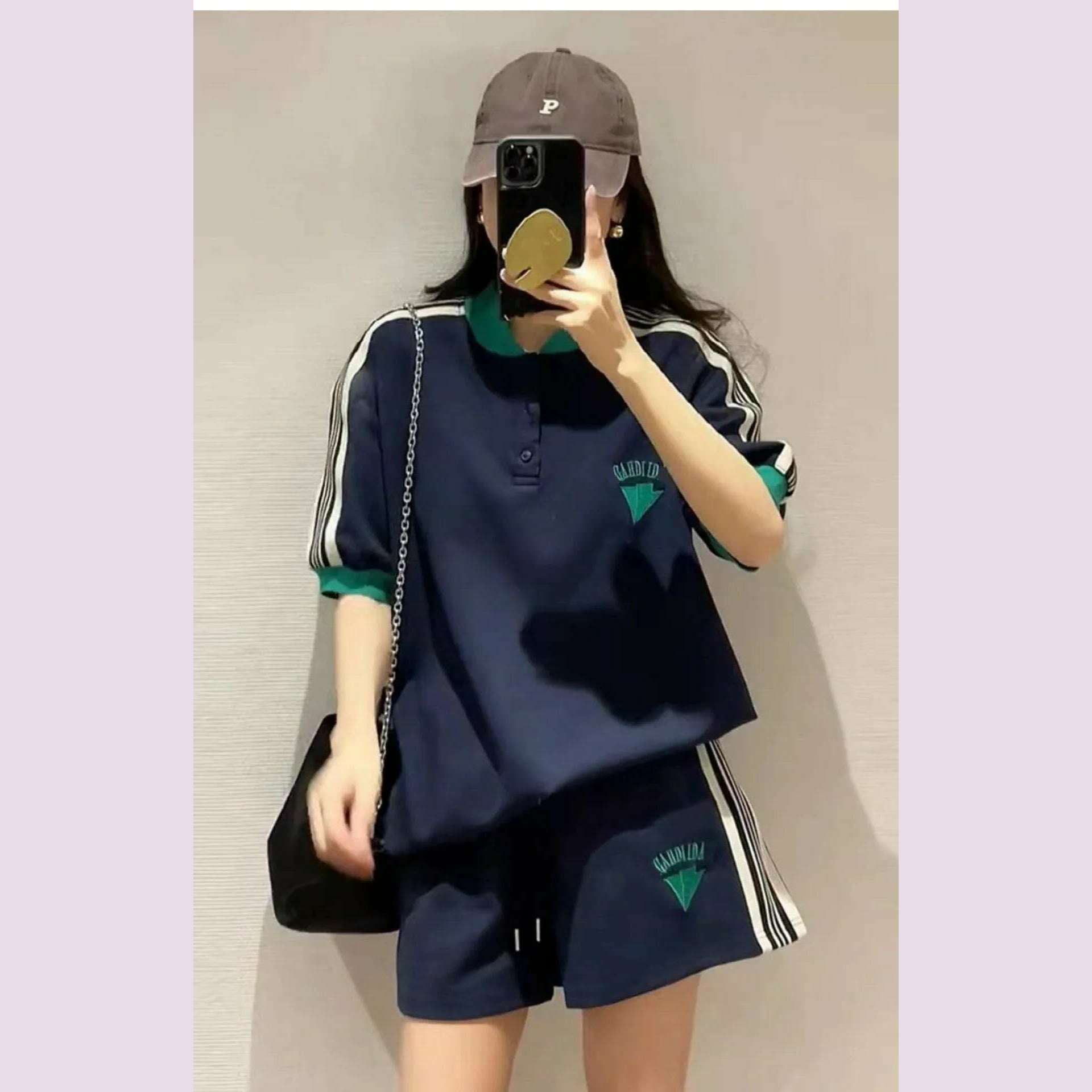 KIMLUD, Navy Loose Side Patch Streetwear Tracksuit Summer Shirts Shorts Pants Embroidery Two Piece Sets Womens Outifits Harajuku Casual, KIMLUD Womens Clothes