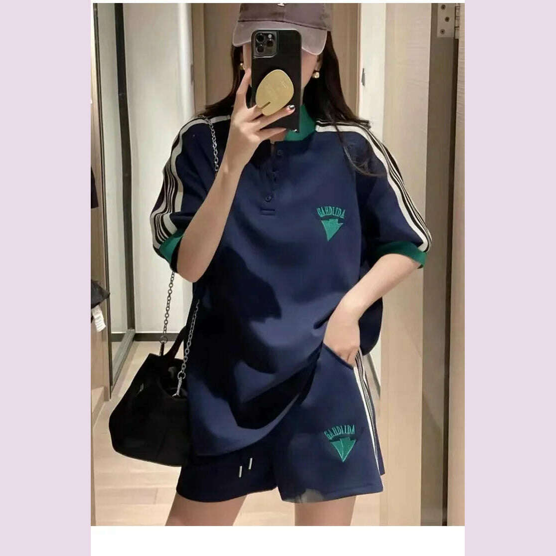 KIMLUD, Navy Loose Side Patch Streetwear Tracksuit Summer Shirts Shorts Pants Embroidery Two Piece Sets Womens Outifits Harajuku Casual, KIMLUD Womens Clothes