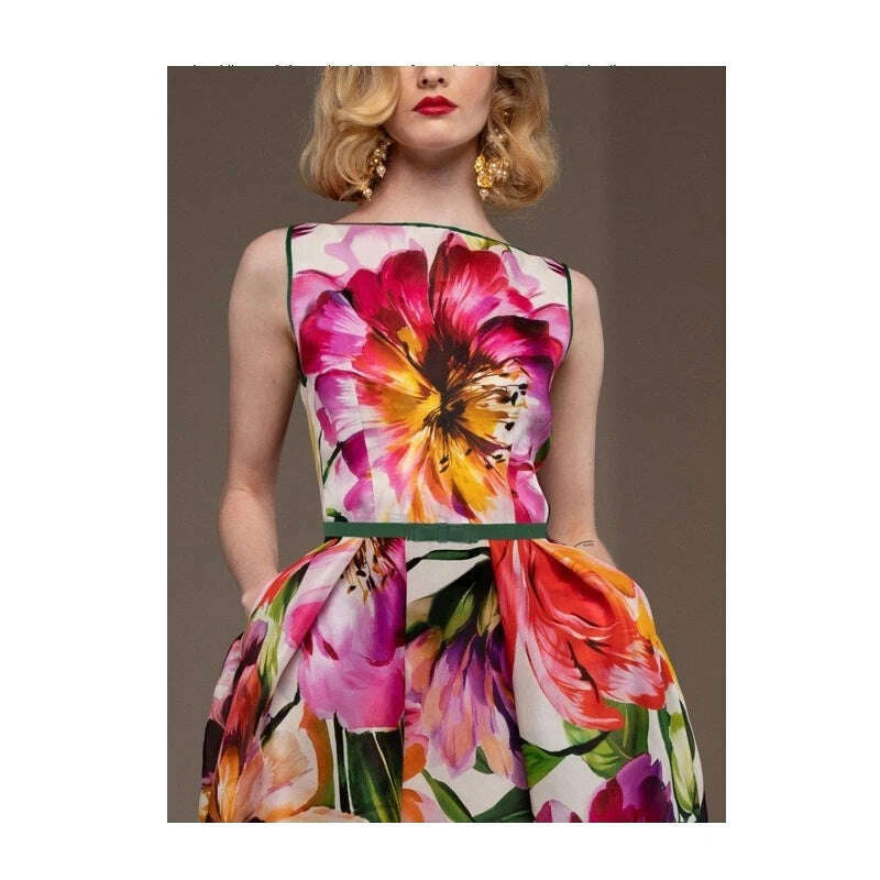 KIMLUD, neck Knee-length Skirt Women's Everyday Street Short-sleeved Skirt Fashion Floral Print Party Skirt Loose Dress, KIMLUD Womens Clothes
