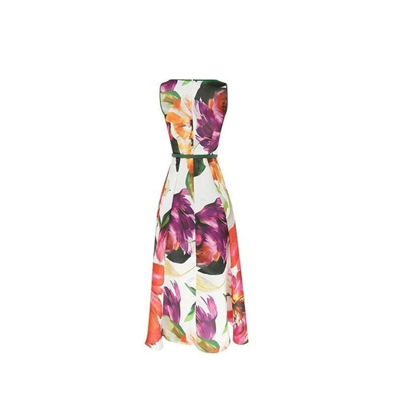 KIMLUD, neck Knee-length Skirt Women's Everyday Street Short-sleeved Skirt Fashion Floral Print Party Skirt Loose Dress, KIMLUD Womens Clothes