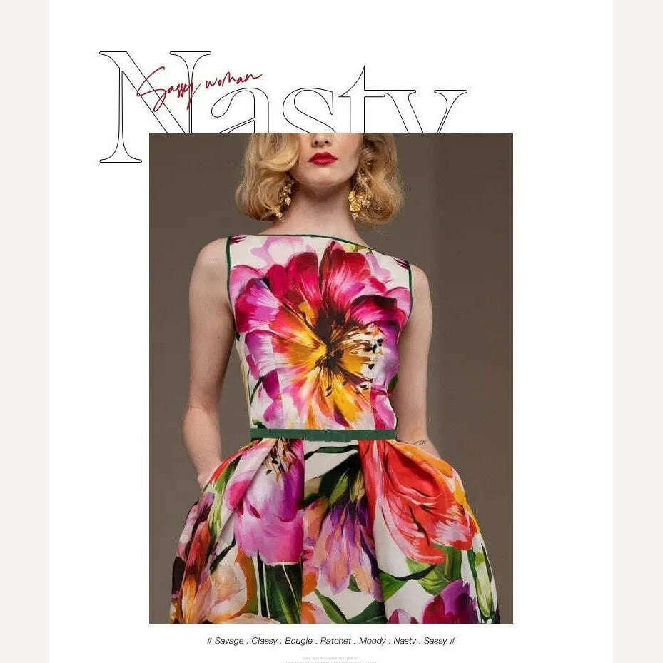 KIMLUD, neck Knee-length Skirt Women's Everyday Street Short-sleeved Skirt Fashion Floral Print Party Skirt Loose Dress, KIMLUD Womens Clothes