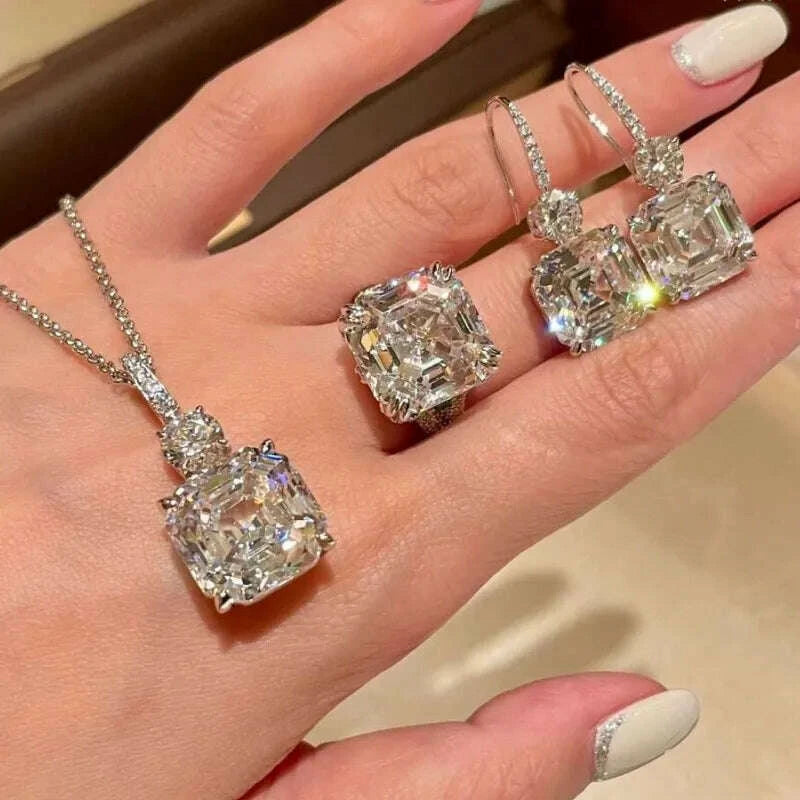 Necklace Earrings Ring Set - Asscher Cut - Zircon | KIMLUD