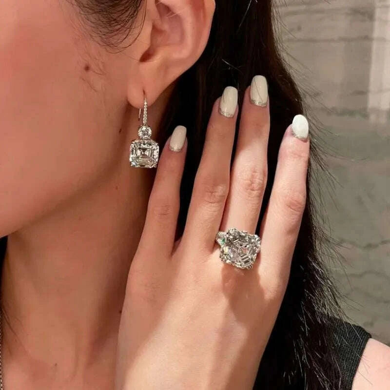 Necklace Earrings Ring Set - Asscher Cut - Zircon | KIMLUD