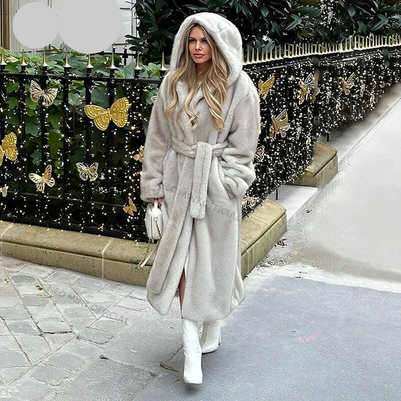 KIMLUD, Neo Mint Belted Faux Mink Fur Coat Women 2024 Winter Beige Gradient Furry Fur Jacket Luxury Brand Hooded Warm Outerwear Overcoat, KIMLUD Womens Clothes