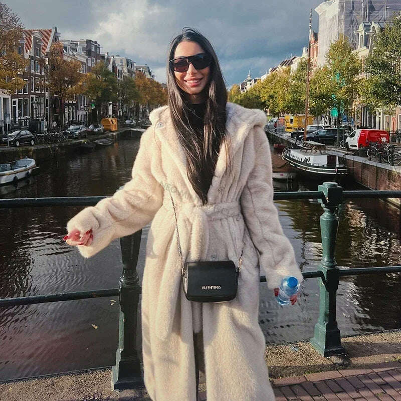 KIMLUD, Neo Mint Belted Faux Mink Fur Coat Women 2024 Winter Beige Gradient Furry Fur Jacket Luxury Brand Hooded Warm Outerwear Overcoat, KIMLUD Womens Clothes