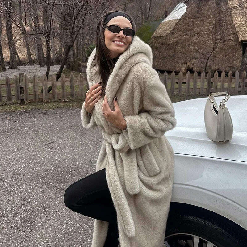 KIMLUD, Neo Mint Belted Faux Mink Fur Coat Women 2024 Winter Beige Gradient Furry Fur Jacket Luxury Brand Hooded Warm Outerwear Overcoat, Beige as Model / XL, KIMLUD APPAREL - Womens Clothes