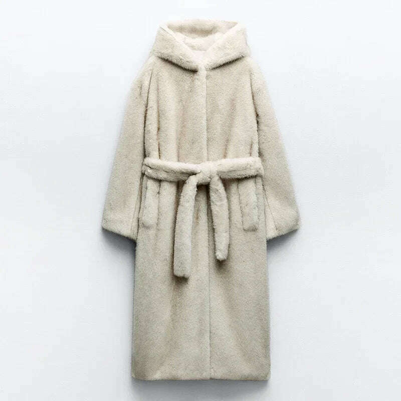 KIMLUD, Neo Mint Belted Faux Mink Fur Coat Women 2024 Winter Beige Gradient Furry Fur Jacket Luxury Brand Hooded Warm Outerwear Overcoat, KIMLUD Womens Clothes