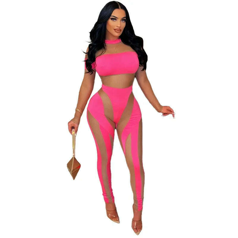 KIMLUD, Neon Color Rompers Women Sexy Sheer Mesh See Through Skinny Jumpsuits 2022 Summer Sleeveless Night Club Party One Piece Overalls, Rose Red / S / United States, KIMLUD APPAREL - Womens Clothes